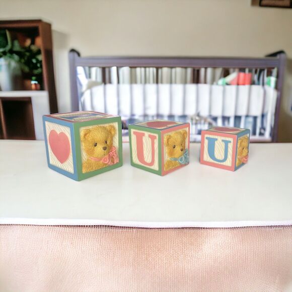 Three 1996 Enesco Cherished Teddies I Love You Letter Blocks #240281 New In Box - Picture 1 of 8